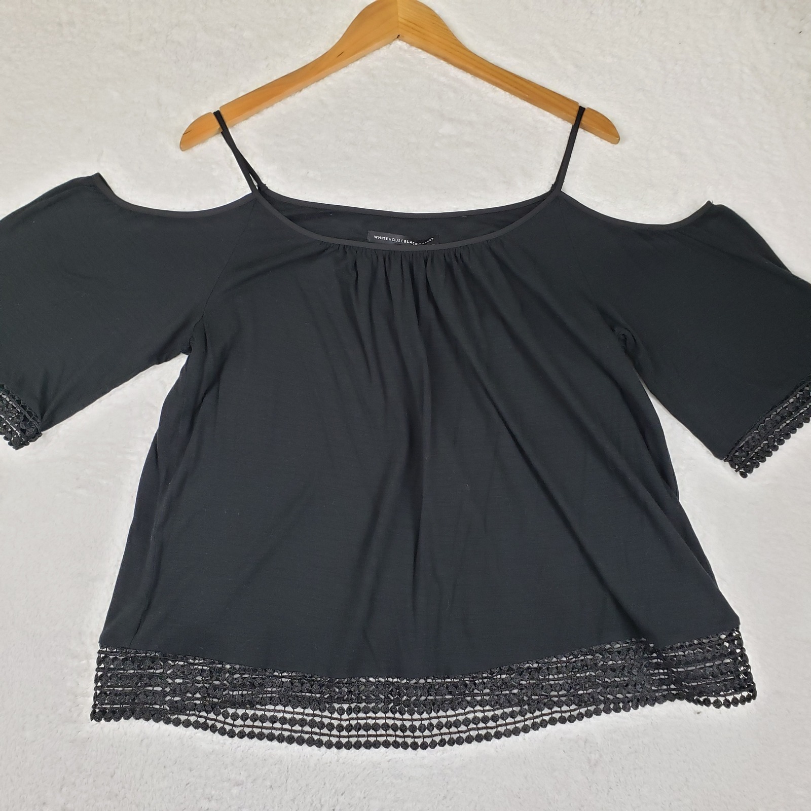 White House Black Market Black Cold Shoulder Crochet Lace Trim Top L Bohochic